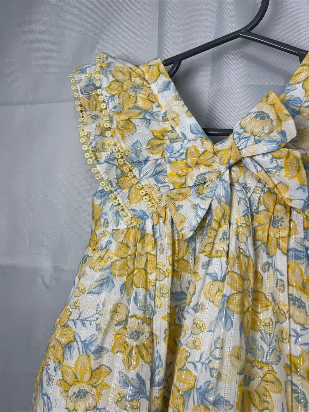 Sincerely Jules white yellow blue floral print ruffle dress with gold accents